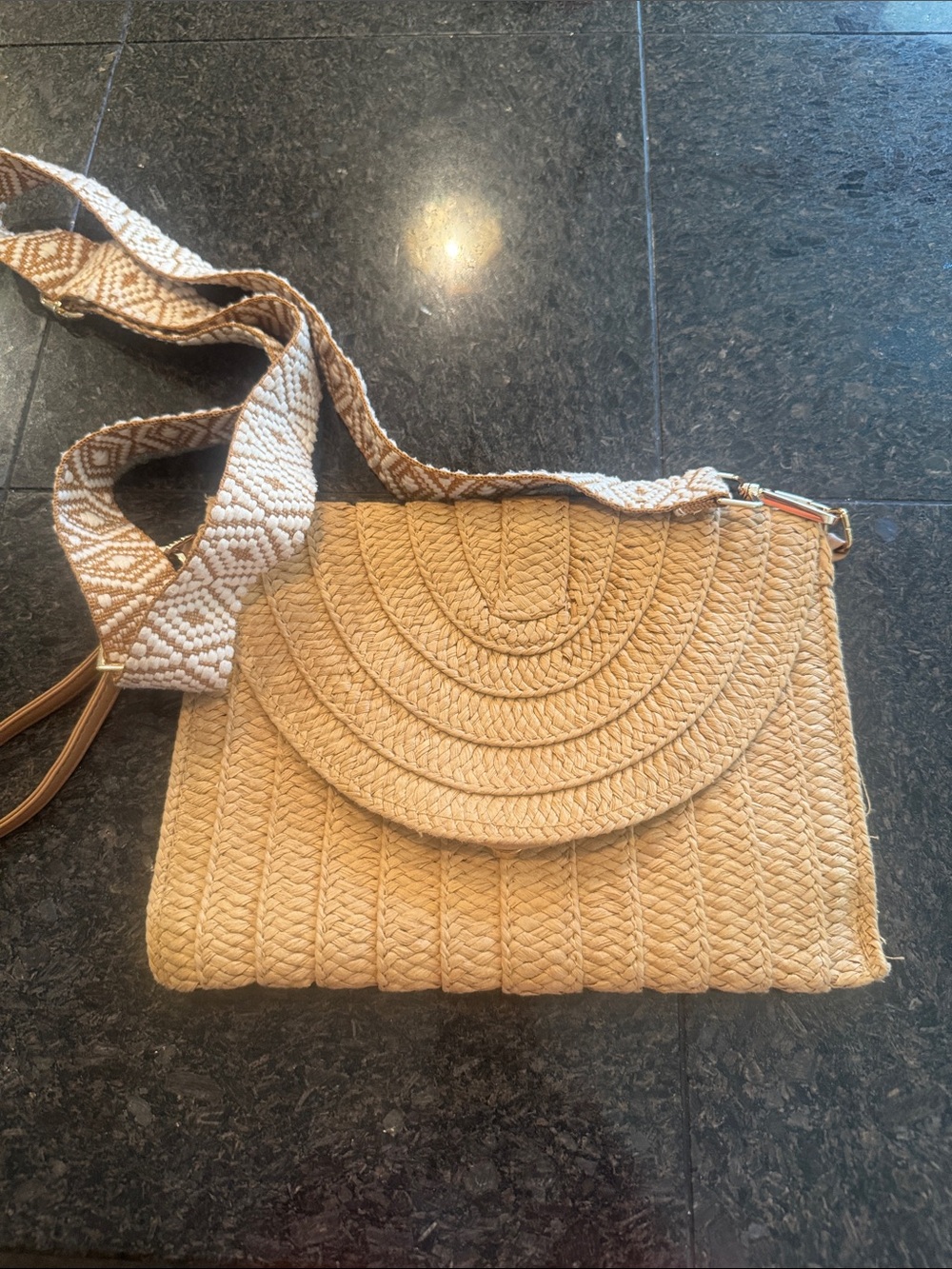 Straw Clutch/Crossbody Bag with Patterned Strap - Natural Beige